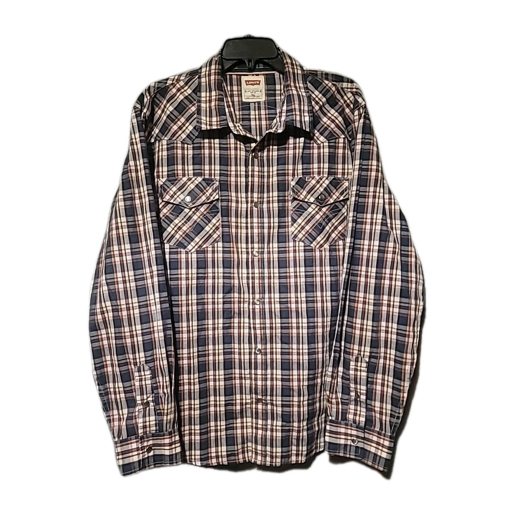 Levi's Western Shirt Mens XL Plaid Long Sleeve Pearl Snap Buttons Red Blue White